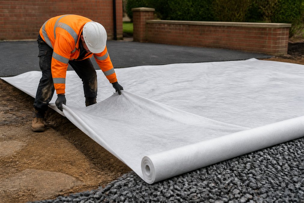Construction worker laying geotextile membrane fabric on a prepared sub-base during professional driveway installation in daylight