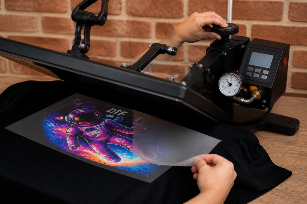 Professional demonstrating proper heat press temperature and pressure gauge adjustment on DTF transfer application, with carrier sheet positioned for optimal peel technique