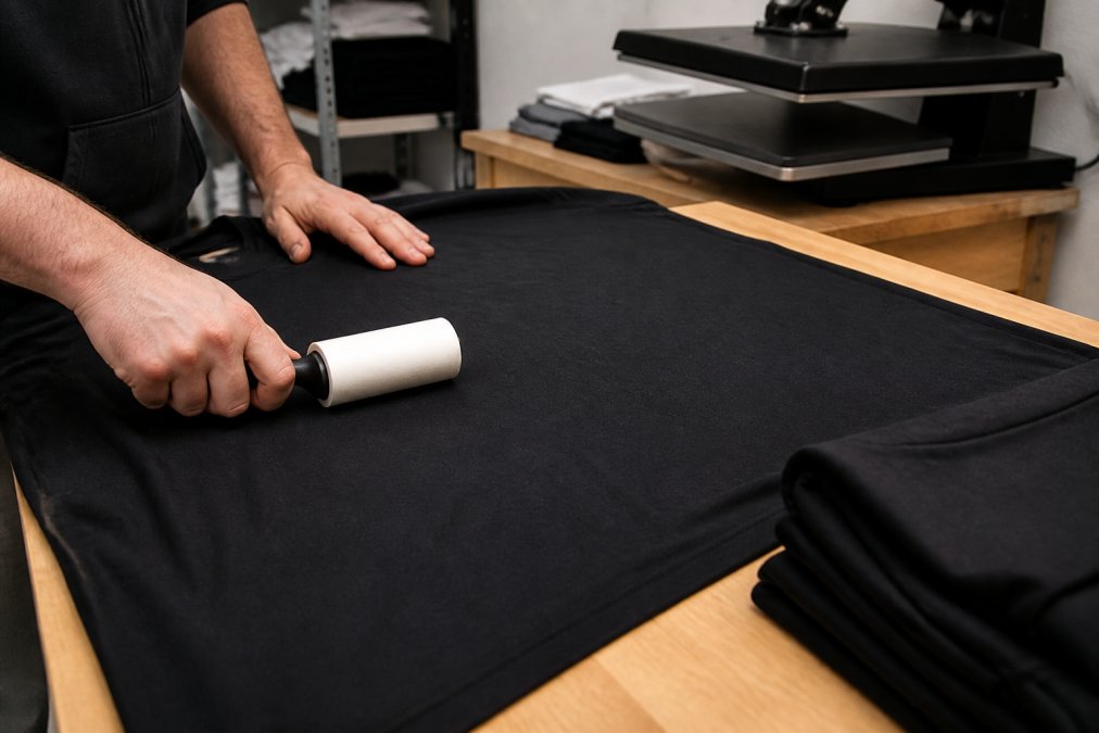 Hands preparing a blank garment on a work surface, using lint roller to remove debris and checking fabric condition before heat press application