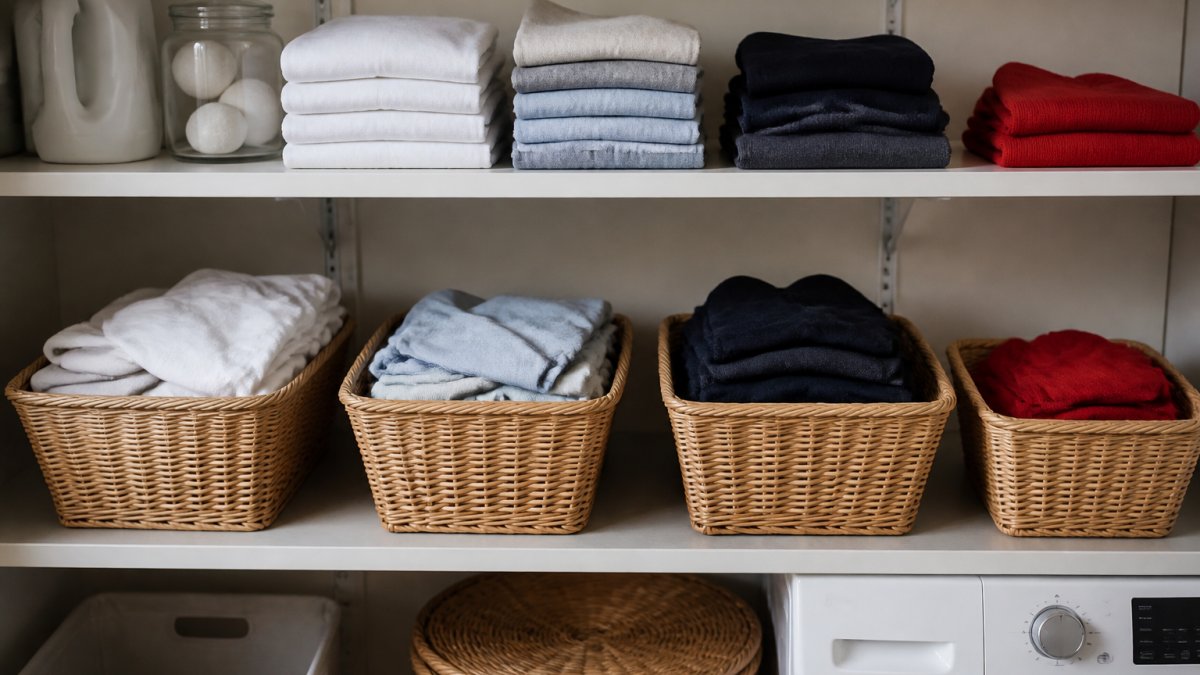 Organized laundry piles sorted by color and fiber type, whites, lights, new darks in separate basket, established darks together, and a small pile of new red items isolated, on a laundry room shelf