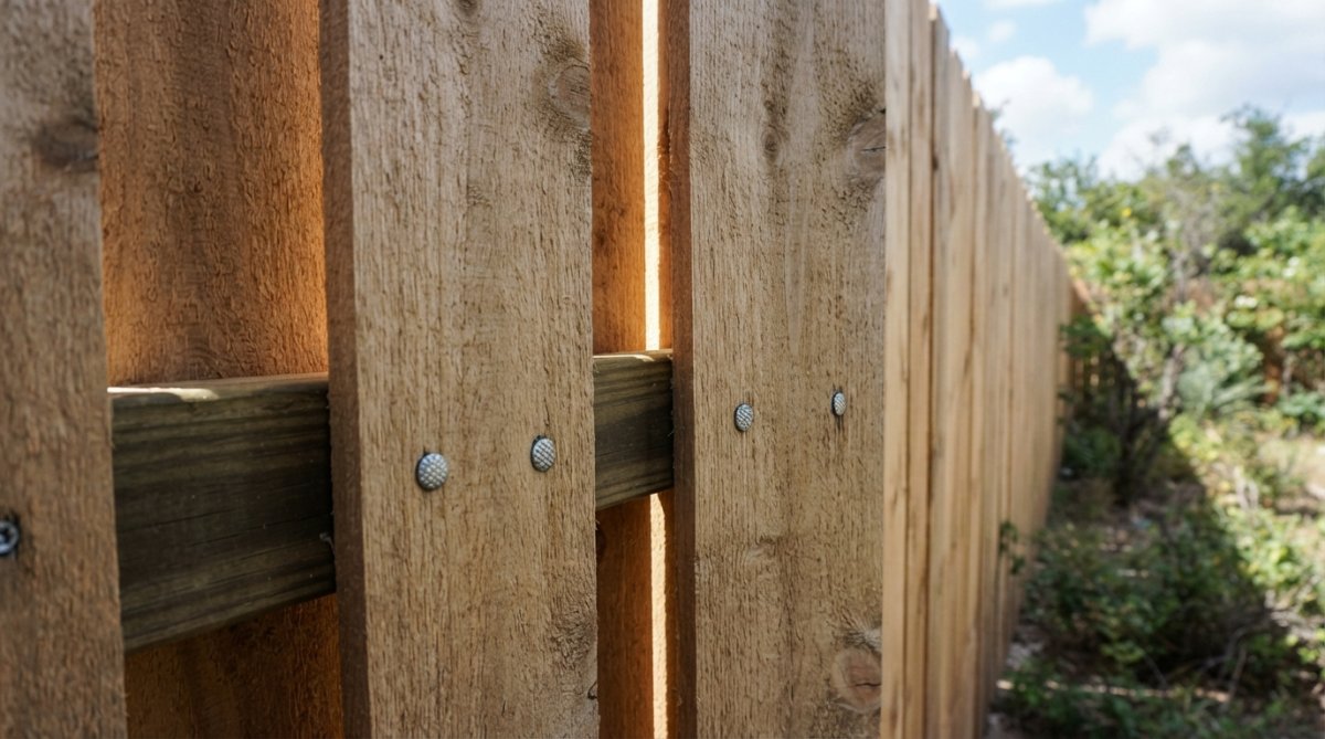 Close-up of properly spaced cedar fence boards with visible airflow gaps between them, galvanized ring-shank nails securing the wood, bright Texas sunlight streaming through the gaps