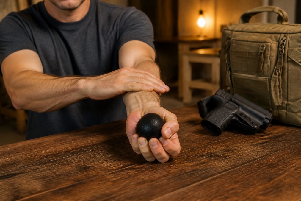 A person performing a forearm stretch and grip squeeze exercise with a stress ball at a wooden table, with a holstered pistol and range bag visible in the soft-focus background, warm indoor lighting