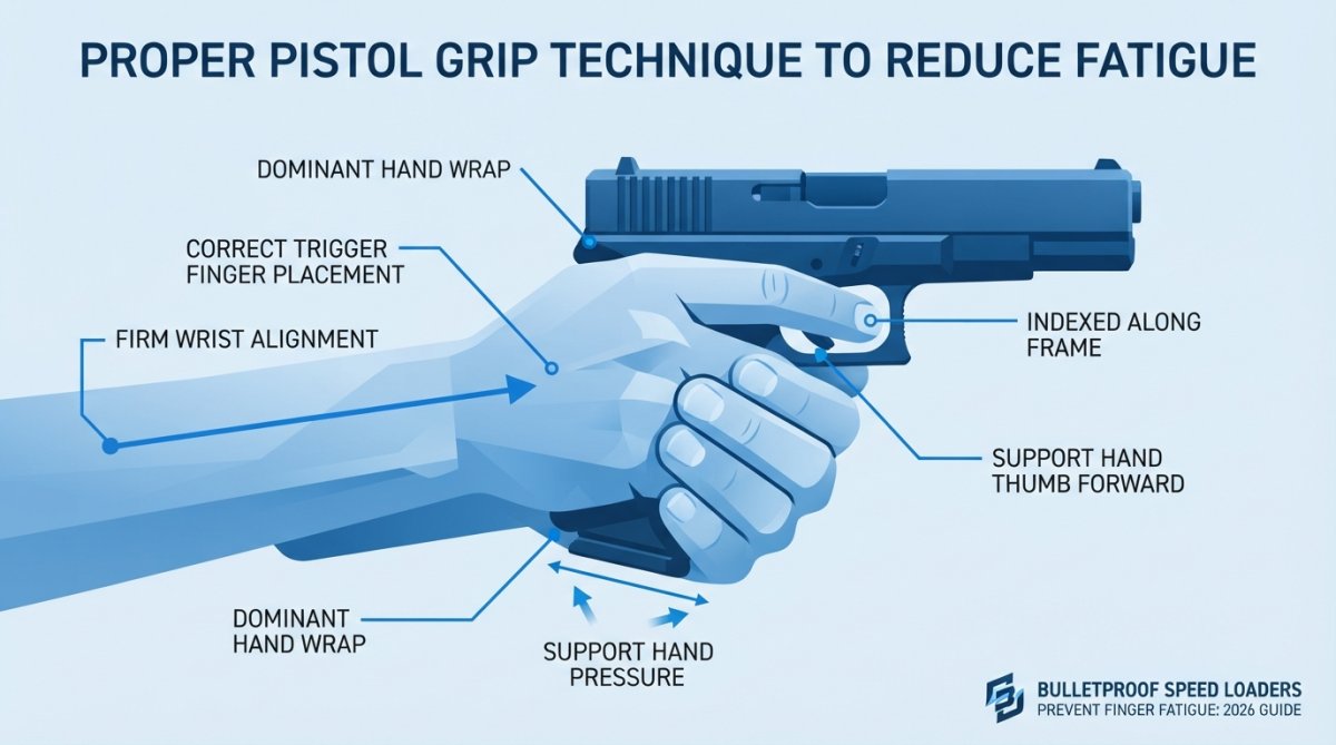 Close-up of a shooter's hands demonstrating a two-handed pistol grip on a semi-automatic pistol at an outdoor shooting range, showing correct trigger finger placement along the frame, firm wrist alignment, and support hand thumb pointing forward, bright natural daylight
