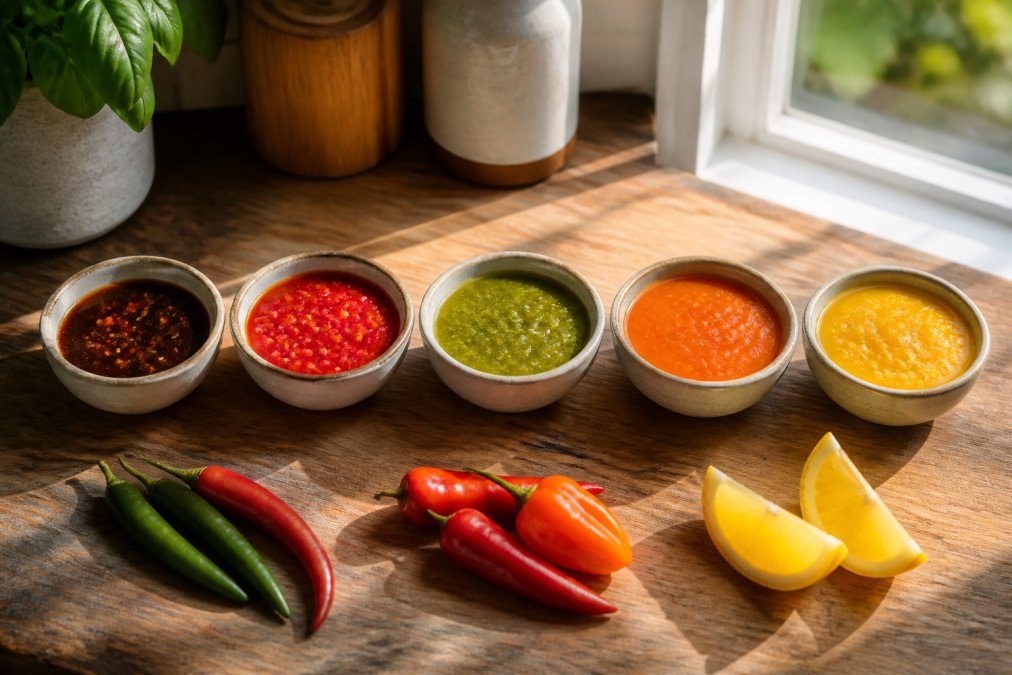 Five colorful chilli sauces with fresh ingredients to help prevent flavour fatigue in your kitchen