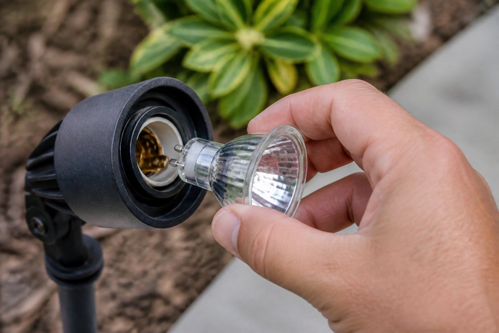 Close-up of a hand inserting an outdoor light bulb into a socket, showing the metal contact points and proper seating alignment in natural daylight