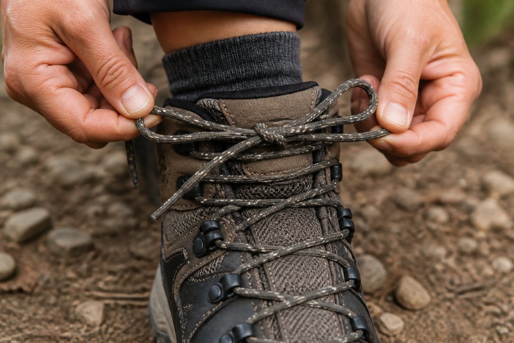 Close-up of hands demonstrating the heel lock lacing technique on a hiking boot, showing the double-loop knot at the ankle collar with the boot resting on a hiking trail