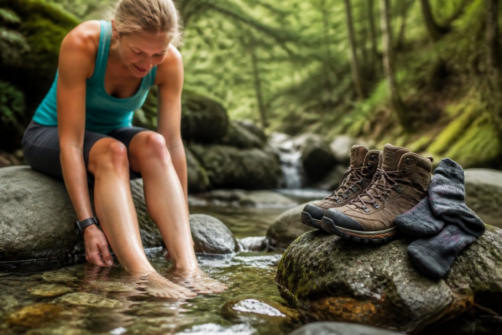 Hiker soaking feet in cool water after a long trail day, with hiking boots and moisture-wicking socks resting nearby on a nearby rock, surrounded by forest scenery