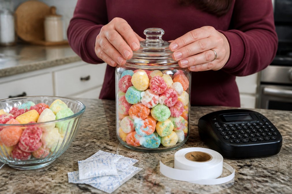Person sealing a glass jar of colorful freeze dried candy with desiccant packets on a kitchen counter