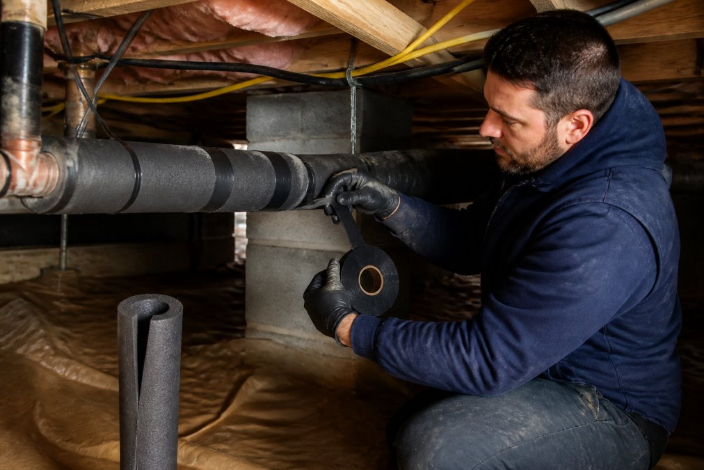 Step-by-step diagram for installing heat tape to prevent frozen pipes crawl space insulation