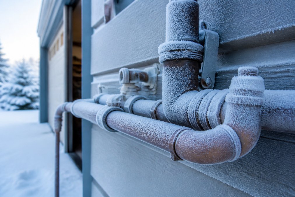 Close-up of frost and ice crystals forming on exposed metal pipes running along an exterior garage wall in cold winter conditions, showing vulnerable plumbing areas