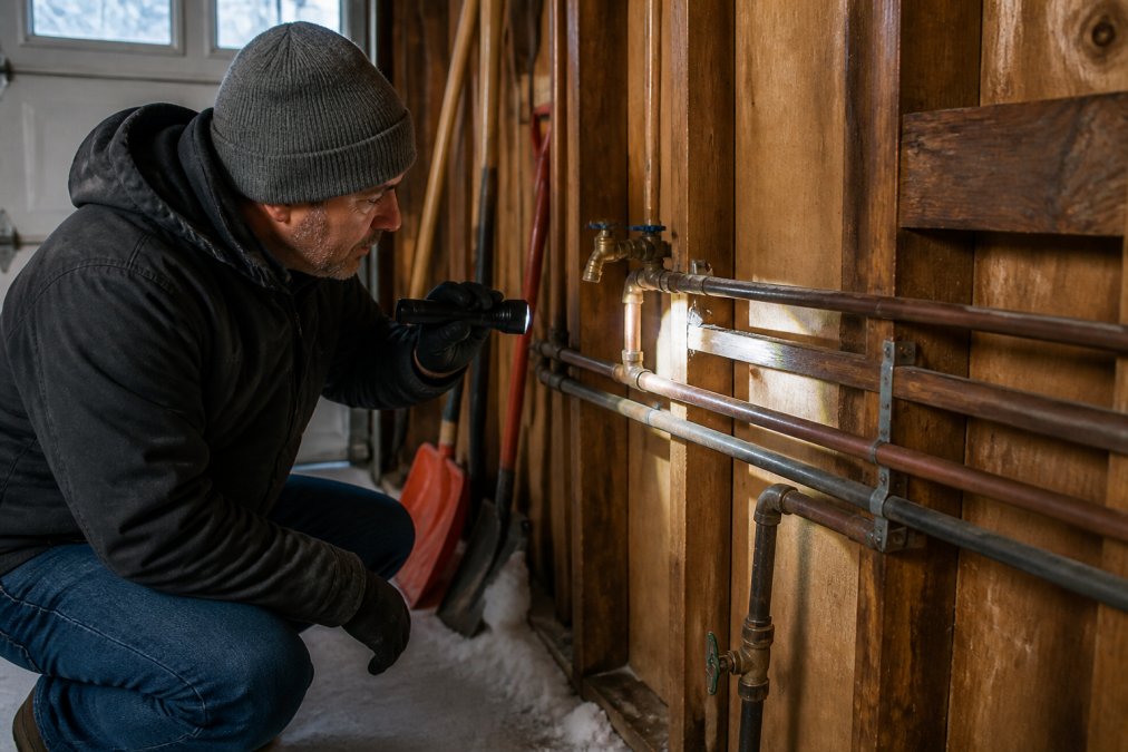 Homeowner using a flashlight to inspect exposed water supply pipes and plumbing fixtures running along the exterior wall of an unheated garage during winter preparation