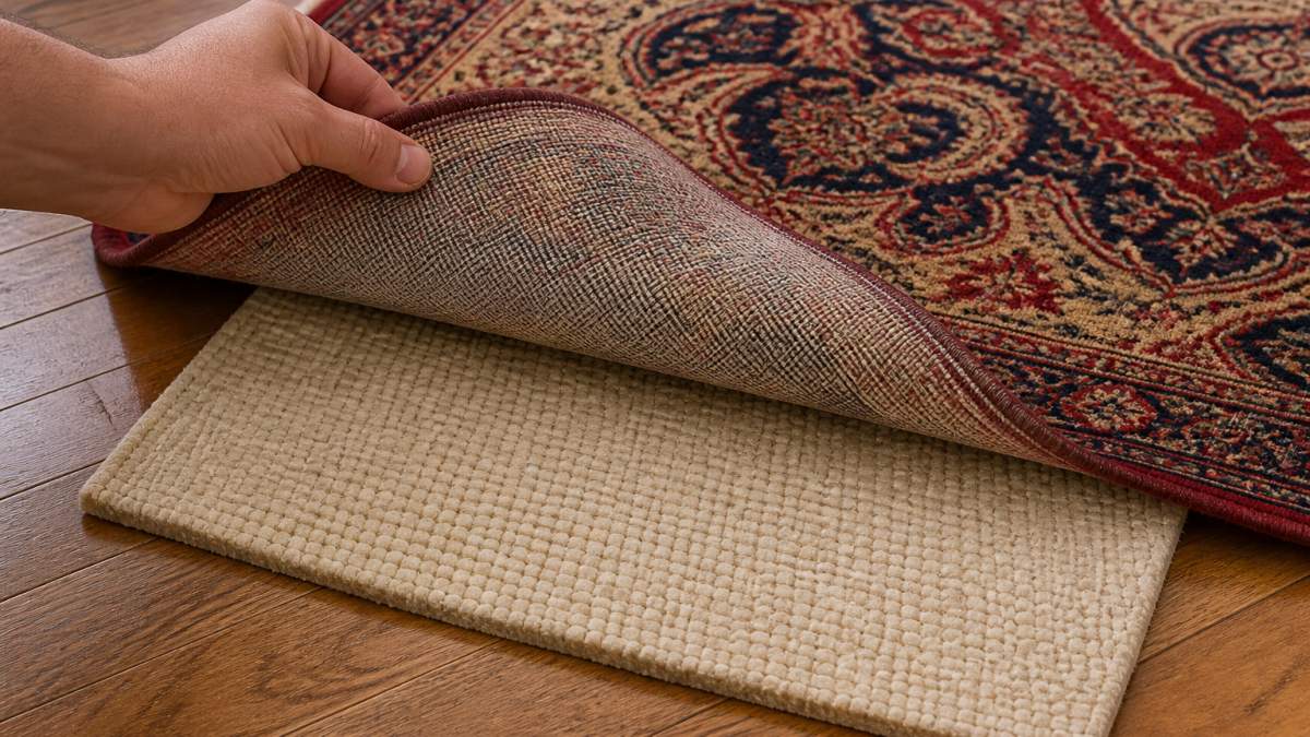Diagram showing how a breathable rug pad distributes furniture weight under an antique rug on hardwood floors.