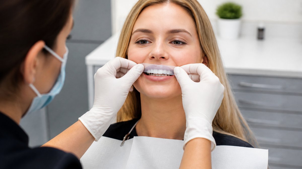 Professional demonstrating careful whitening strip placement on upper teeth, showing proper positioning away from the gumline in modern clinical setting