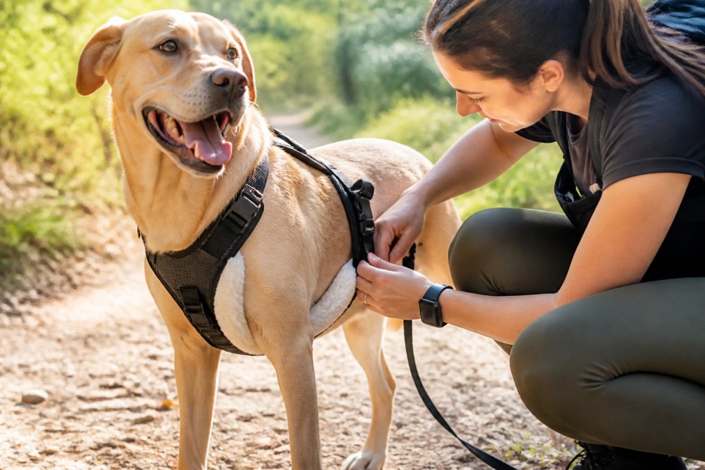 Dog wearing a padded no-pull harness with fleece covers on the girth strap and armpit areas during a walk on a sunny trail, owner visible adjusting the fit