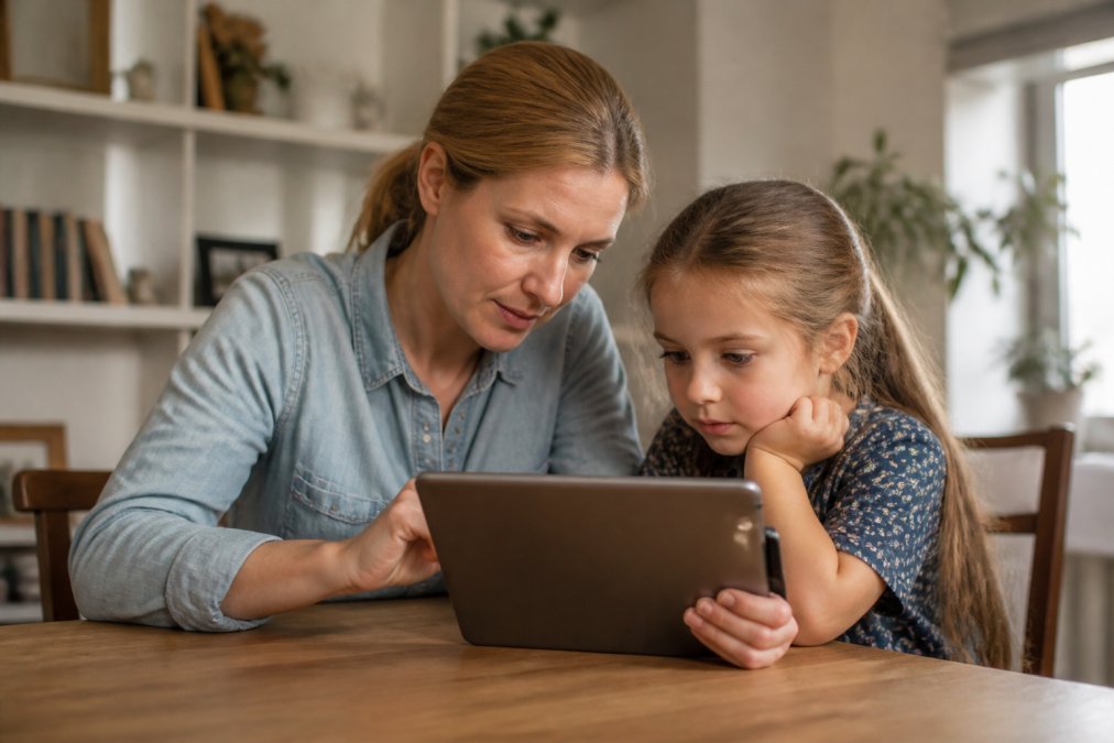Parent and child sitting together at a table, parent showing child a tablet with parental control settings visible on screen, both looking at the device with focus