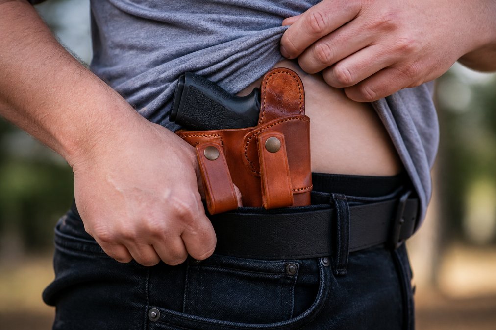 Close-up of a person adjusting an IWB leather holster on their waistband, showing the holster cant angle and belt clip positioning against dark denim jeans