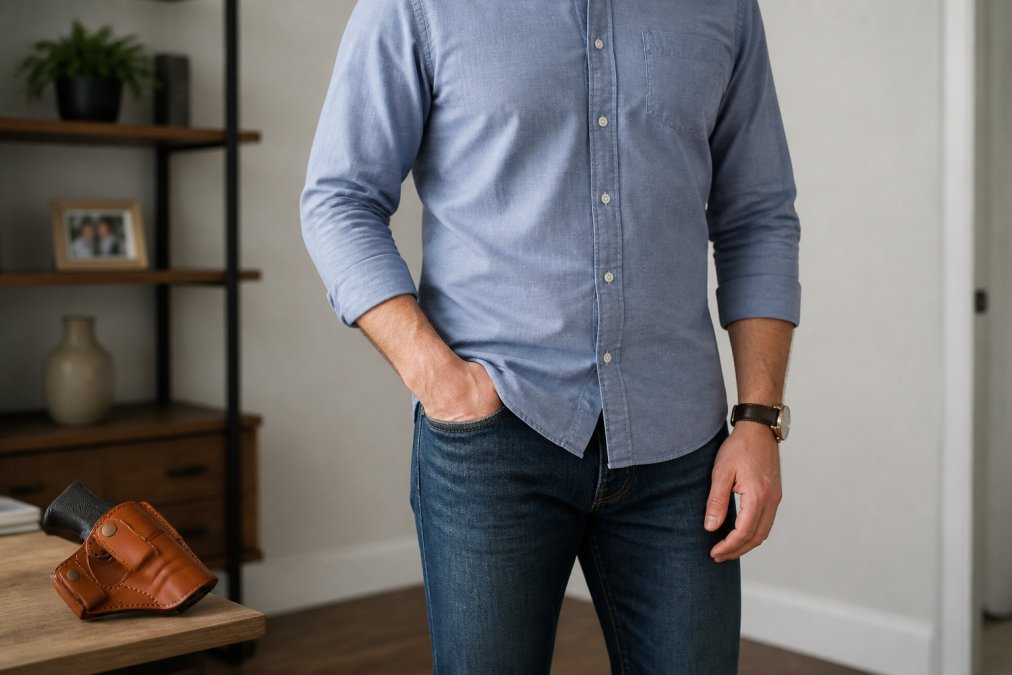 A person in a casual button-down shirt and jeans standing naturally in good indoor lighting, showing no visible outline of a holster at the hip, demonstrating effective concealment through clothing choice