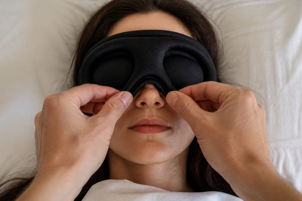 Close-up of hands positioning a contoured 3D memory foam sleep mask on a person's face, showing proper nose bridge alignment with the bridge of the nose and symmetric eye cup placement