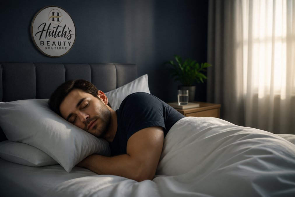 A man sleeping peacefully in a cool bedroom, a restorative habit to prevent male hair loss.