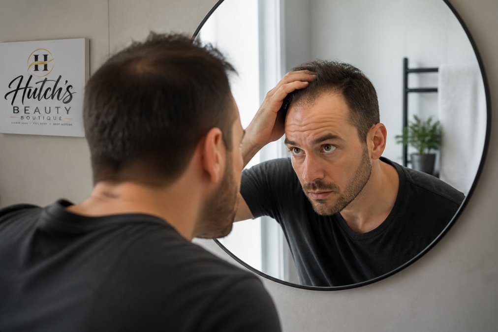 Man examining his hairline in bathroom mirror, showing early receding at the temples under bright natural lighting