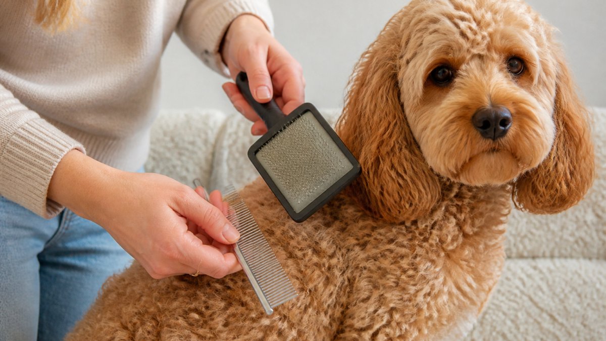 Close-up of a dog owner's hands holding a slicker brush and metal comb over a fluffy curly-coated Cockapoo, showing proper grip and brush positioning against the dog's coat