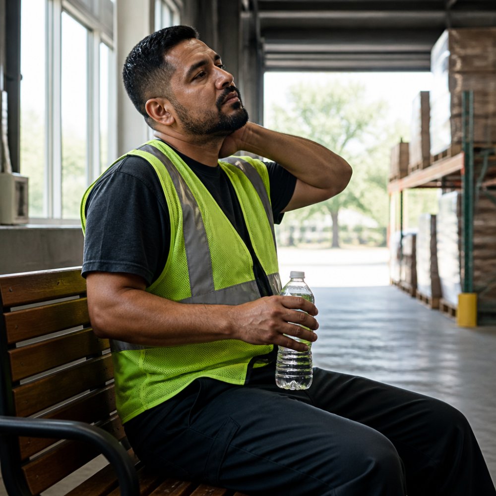 Warehouse worker sitting on a break bench during daylight, drinking water while stretching neck and shoulders with natural window light visible in background