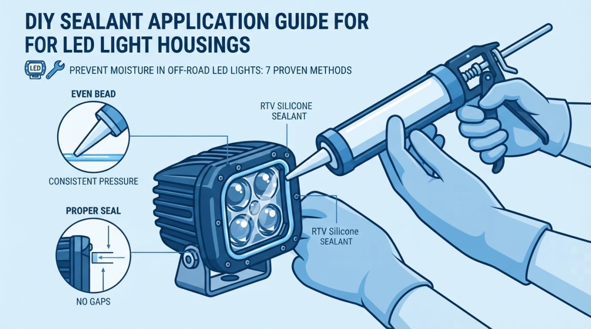 Visual roadmap for Close-up of hands applying RTV silicone sealant around an LED light housing with a caulking gun, ...