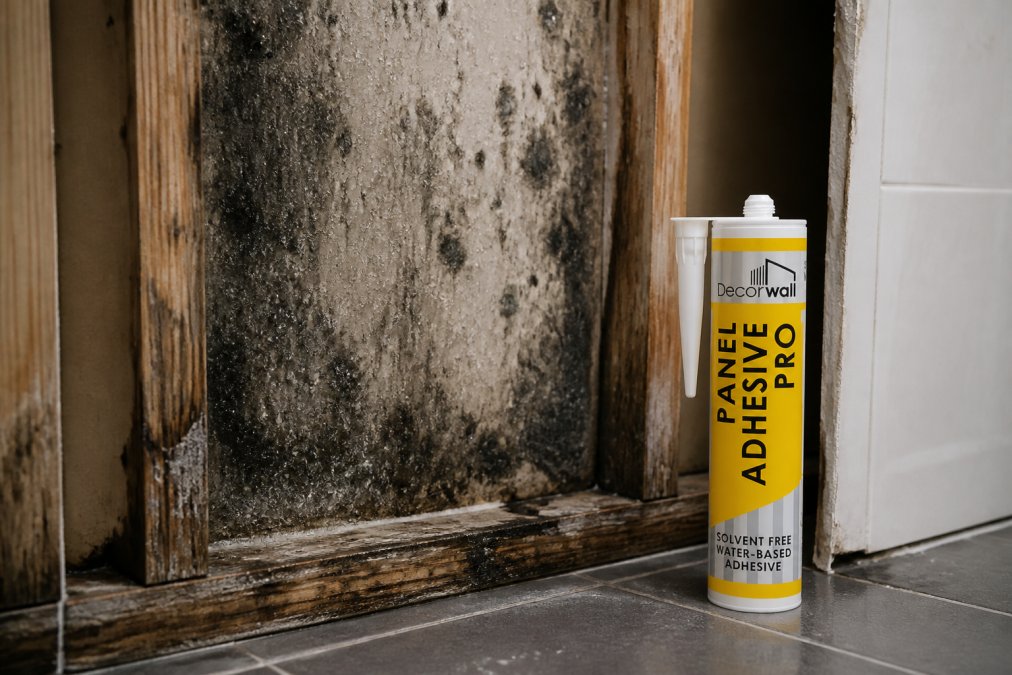 Close-up of black mould and moisture damage visible on a wall surface behind partially removed bathroom panels, showing condensation droplets and discoloration