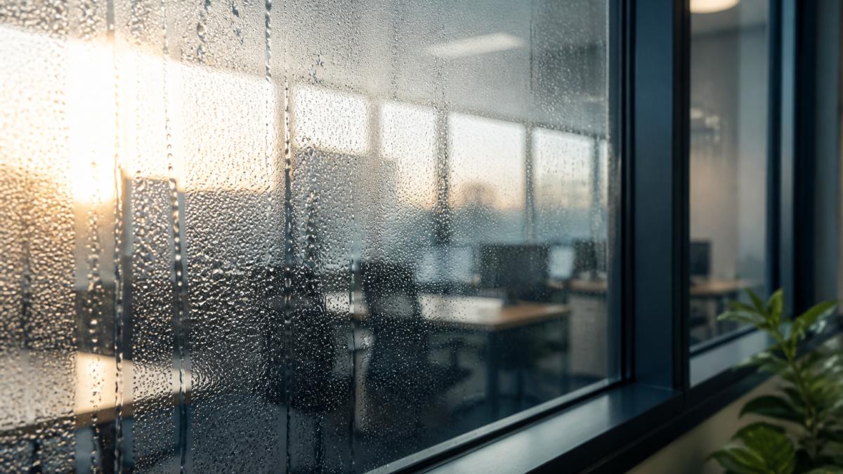Close-up of condensation beading on an office window with blurred desks visible in background, morning light streaming through glass