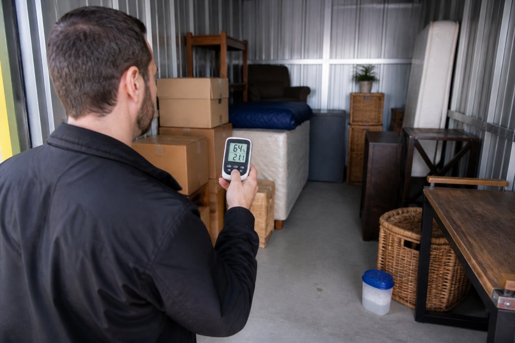 Person using a handheld hygrometer to check humidity levels inside a storage unit, with stored boxes, furniture, and moisture absorbers visible in the background and soft natural lighting from the unit entrance