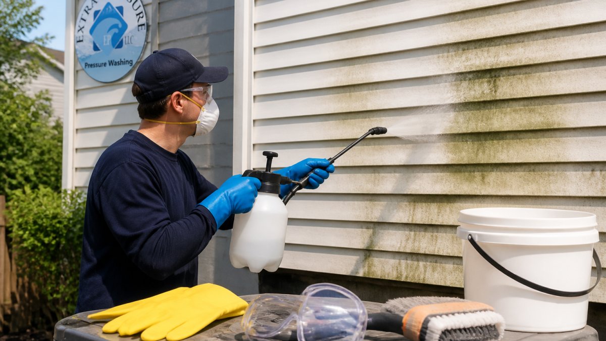 Professional applying cleaning solution to vinyl siding with visible mold stains, wearing protective gloves and safety gear, bright daylight illuminating the work area