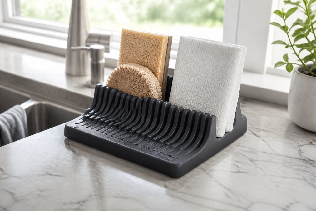 Close-up of the Sinkelle FlowRack Pro holding damp sponges and dishcloths on a kitchen counter next to a stainless steel sink, with water droplets visible on the silicone surface
