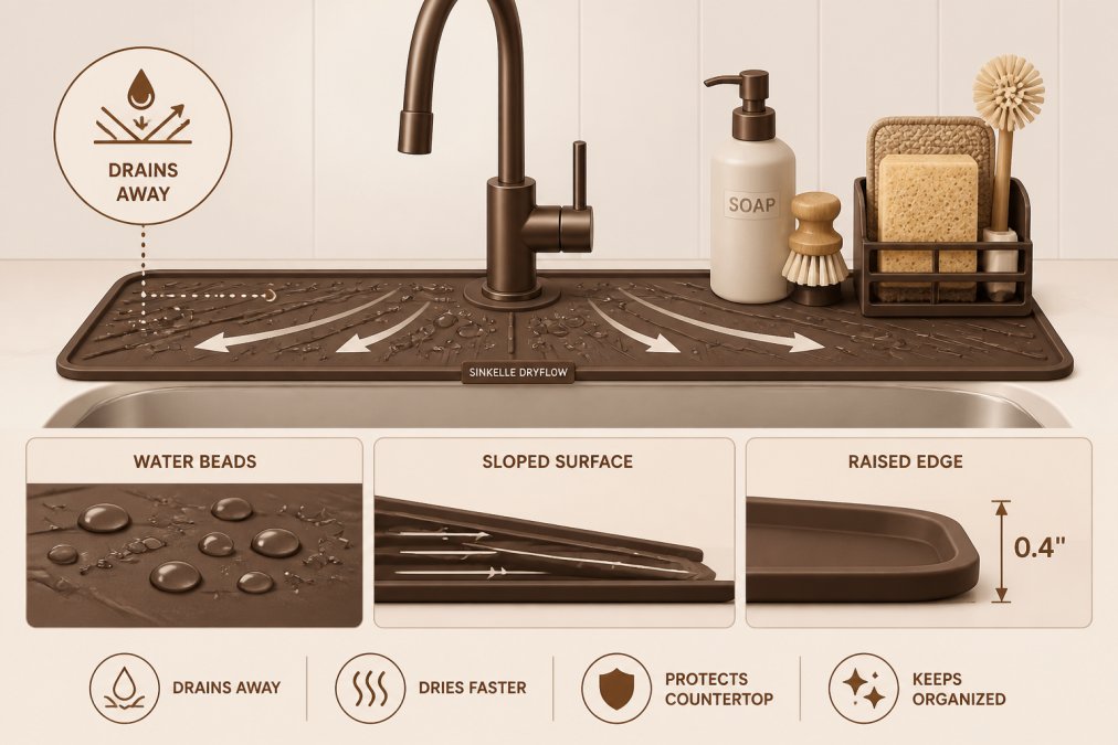 A kitchen sink area with the Sinkelle DryFlow Splash Mat placed under a faucet, showing water beading and draining away from the countertop, with organized cleaning supplies nearby