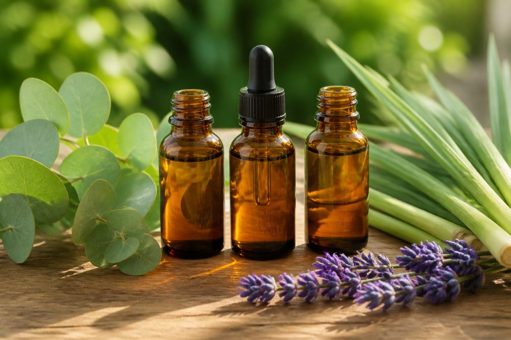 Close-up of essential oil bottles including lemon eucalyptus, citronella, and lavender arranged on a wooden surface with fresh eucalyptus and citronella plant leaves nearby, natural sunlight streaming across the bottles