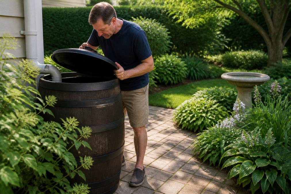 A homeowner in a residential backyard inspecting and cleaning a rain barrel, with a birdbath visible in the background and lush garden plants surrounding the patio area during morning light
