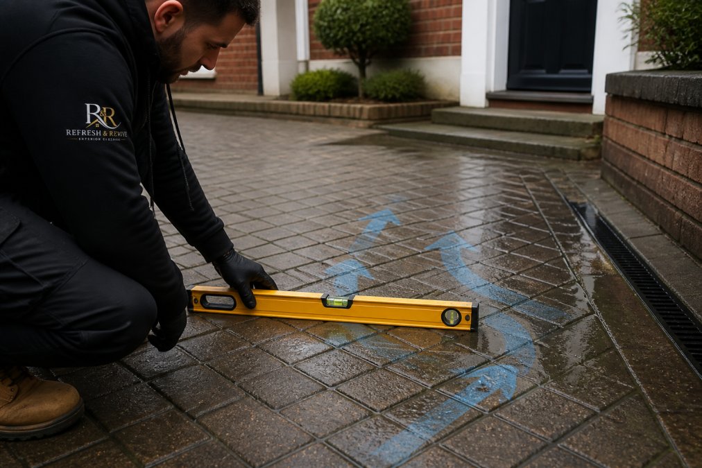 Professional surveying driveway gradient with level tool, showing water flow patterns and drainage direction on block paving surface