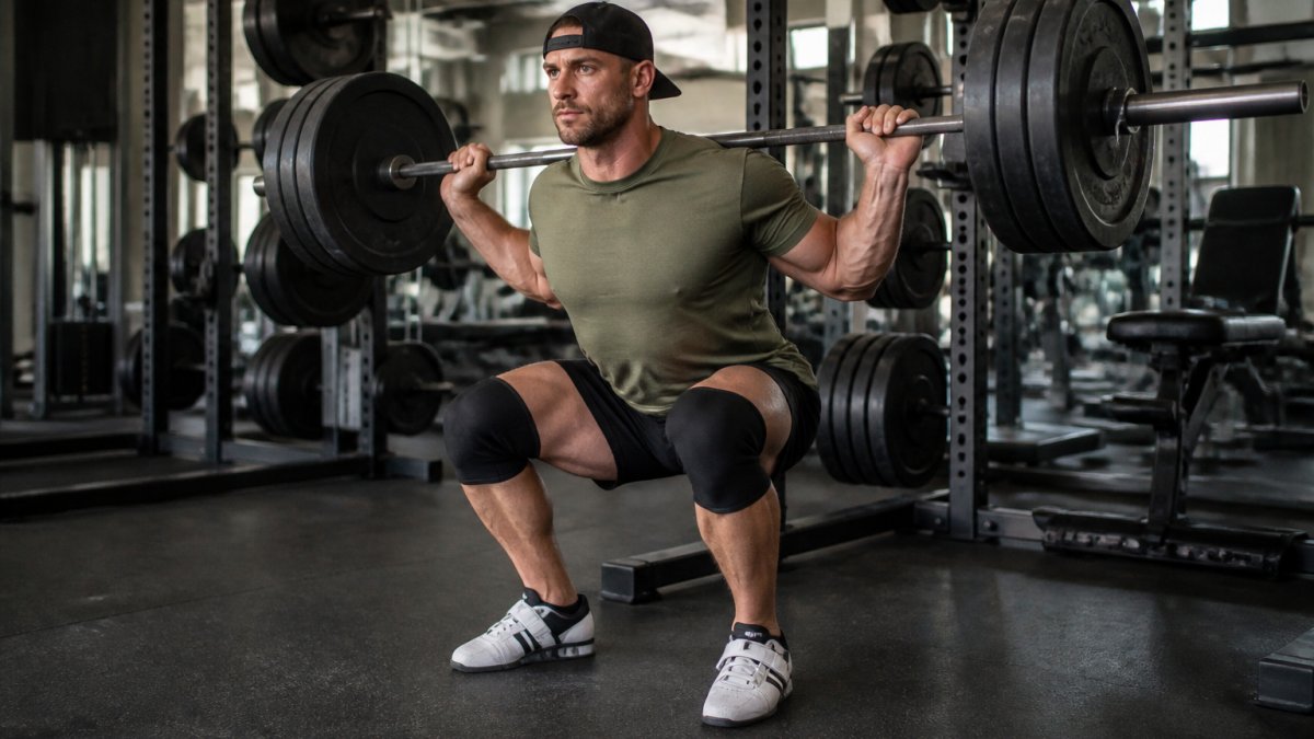 Professional demonstrating proper barbell squat form in modern gym setting with natural lighting, showing correct posture and depth