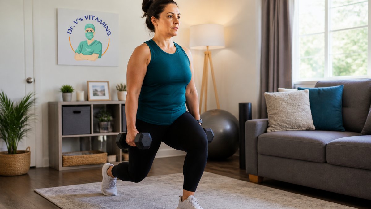 Person performing controlled dumbbell exercise with proper posture in home setting, showing engaged core and stable stance during resistance training