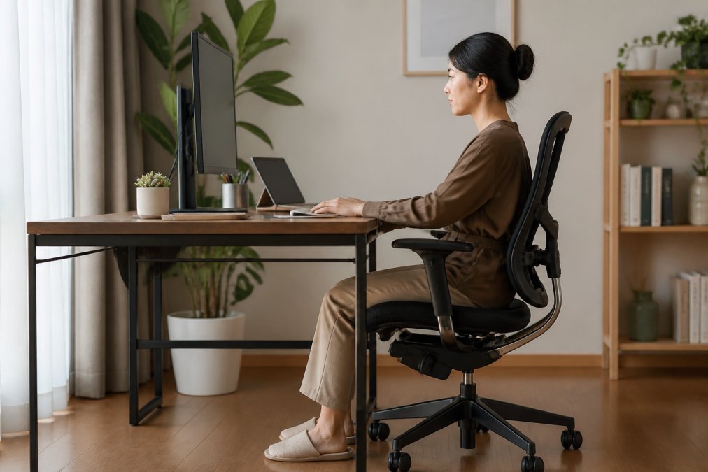 Professional sitting at home desk with monitor positioned at eye level, feet flat on floor, back against ergonomic chair with lumbar support, shoulders relaxed and neutral spine alignment