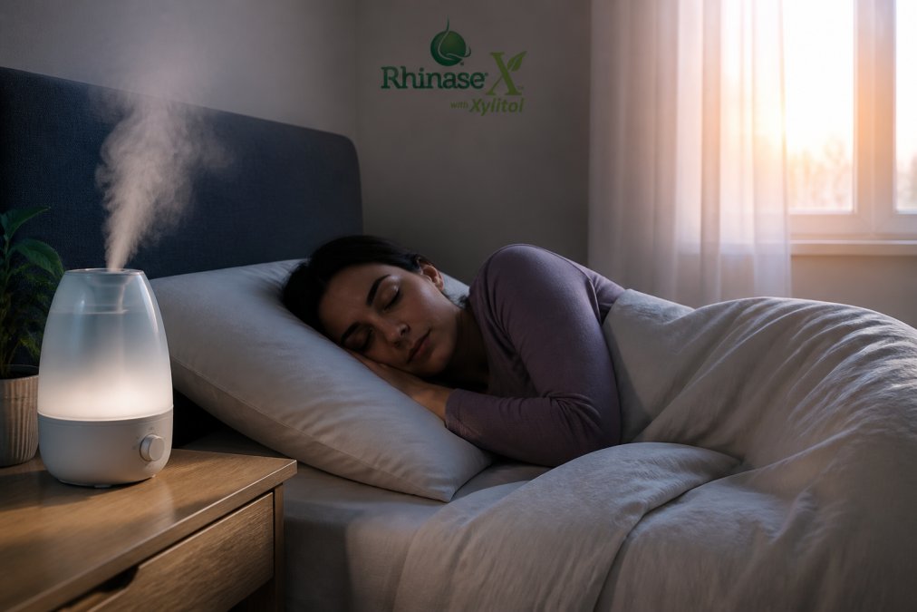 A person sleeping peacefully in a bedroom with a humidifier misting on the nightstand during the early morning.