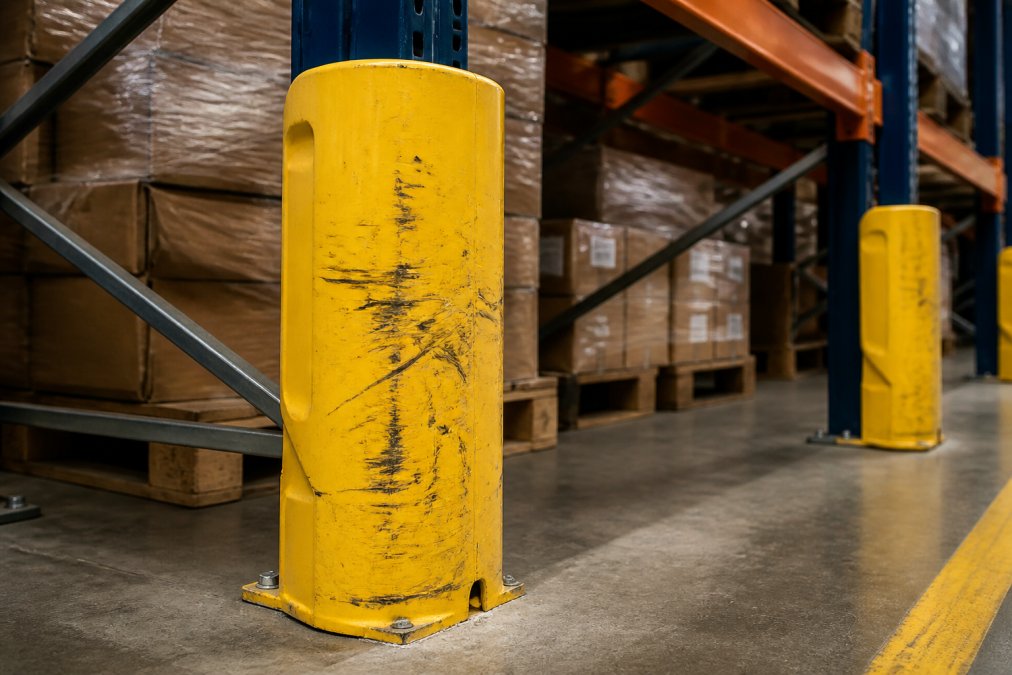 Close-up of heavy-duty protective guards fitted around pallet racking uprights in a busy retail warehouse, showing impact marks on the guards from previous collisions