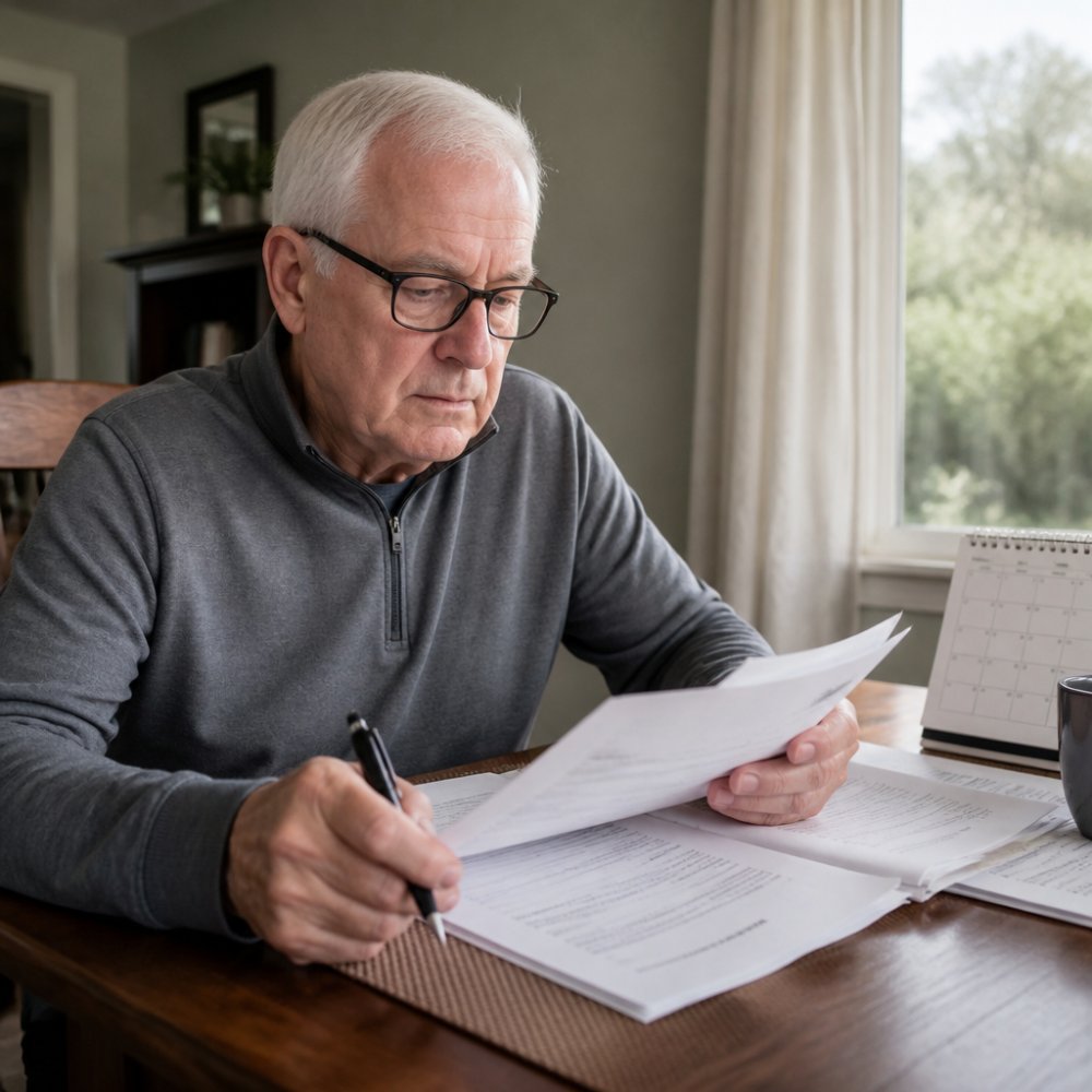 Senior reviewing life insurance documents and payment reminders at a desk with calendar and pen, focused and organized