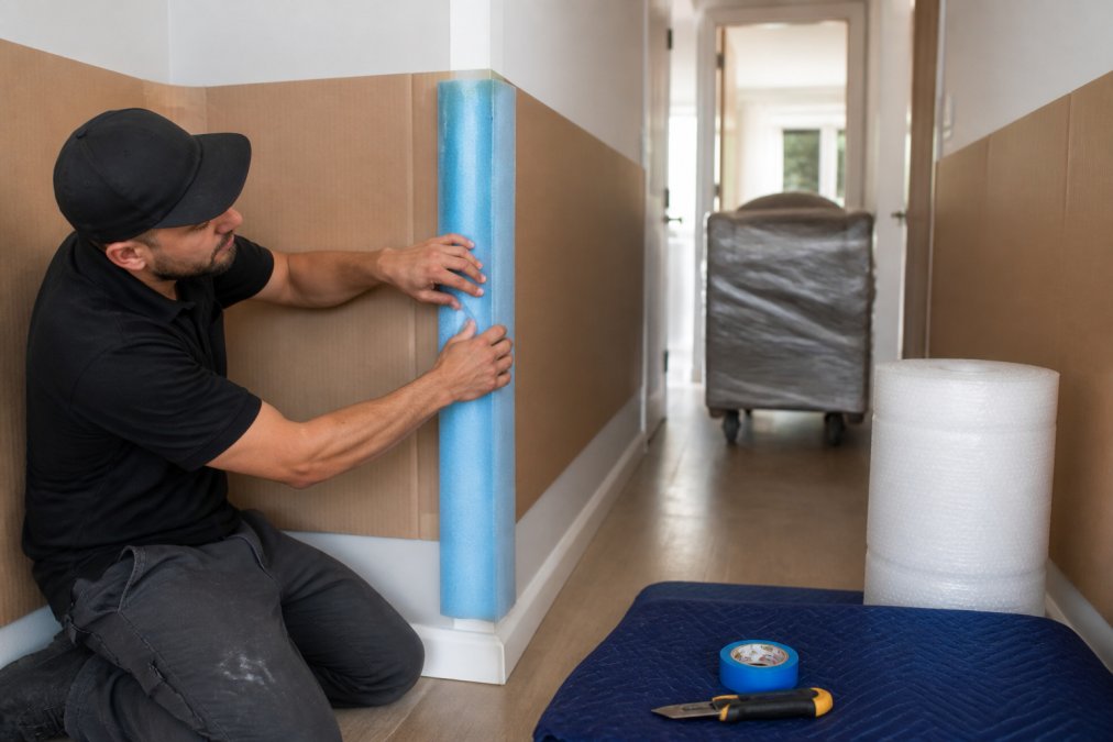 Professional installer securing foam corner guards and protective padding to a drywall corner while furniture moves through a narrow hallway, with cardboard protection on walls and natural lighting