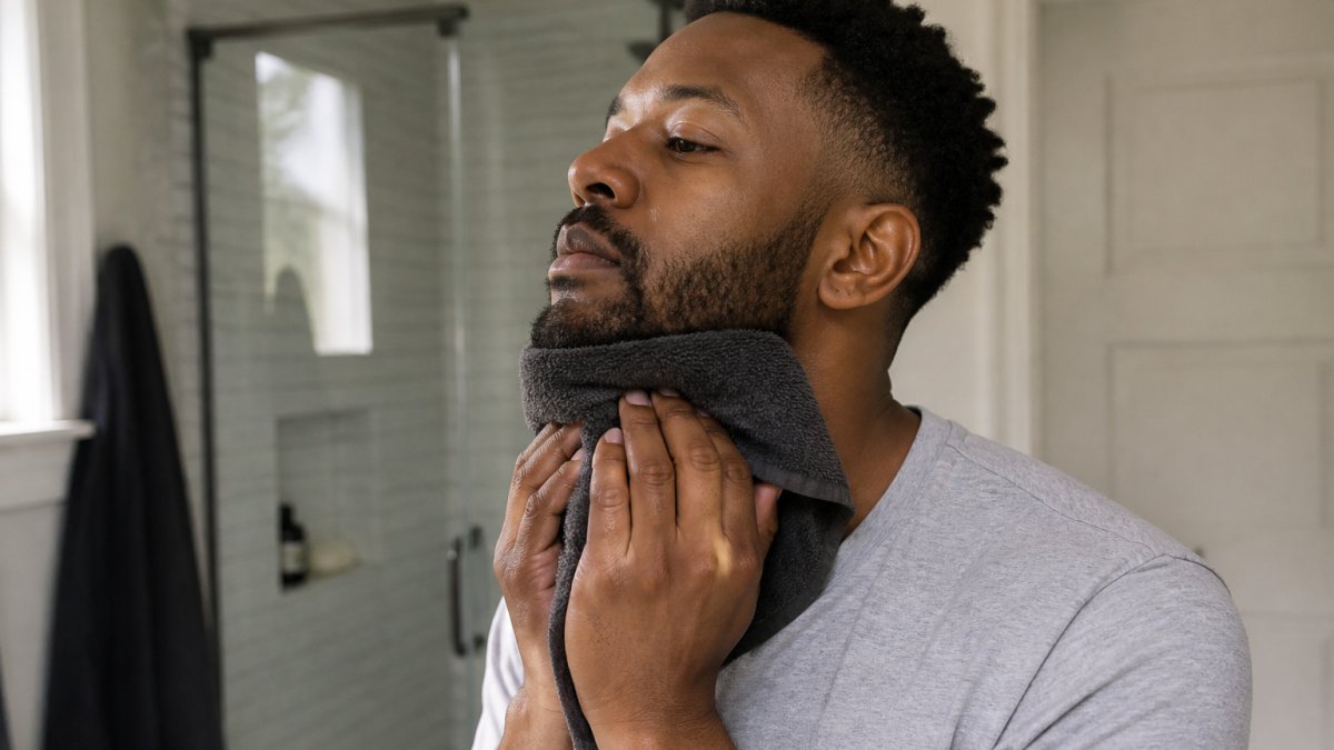 Infographic diagram demonstrating warm towel hydration to prevent razor bumps dark spots during pre-shave prep
