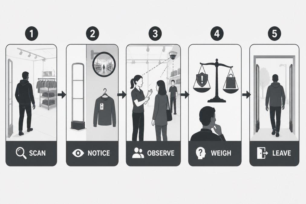 Flowchart showing the decision process of a potential shoplifter: 1. Enter store and scan for blind spots, 2. Notice visible EAS tags and convex mirrors, 3. Observe staff greeting customers and maintaining sightlines, 4. Weigh risk of detection against reward, 5. Decide not to steal and leave