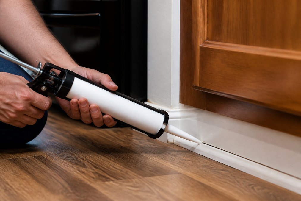 Infographic showing how to caulk baseboard gaps to prevent roaches after spraying home entry points.