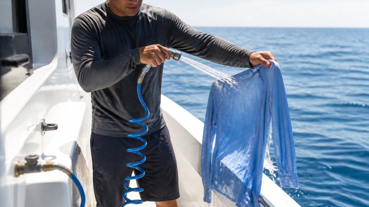 Angler rinsing a fishing shirt with fresh water from a deck wash system while on a boat, holding the wet shirt up to rinse away visible saltwater spray and residue