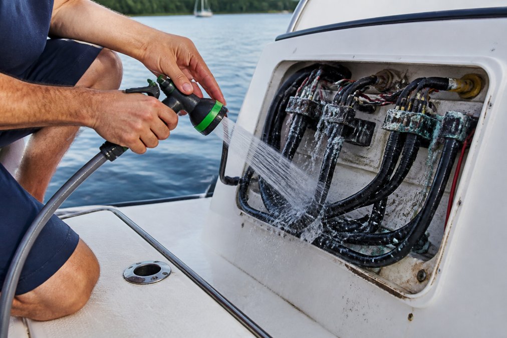 Boat owner rinsing marine electronics and wiring harness with low-pressure freshwater spray on boat deck, showing salt residue being washed away from connector pins and terminal blocks