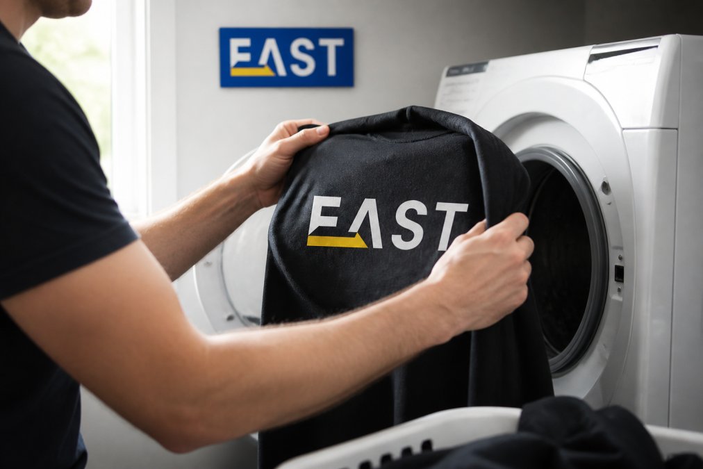 Hands carefully turning a screen printed uniform inside out before loading it into a washing machine, showing the printed design on the reverse side with natural daylight
