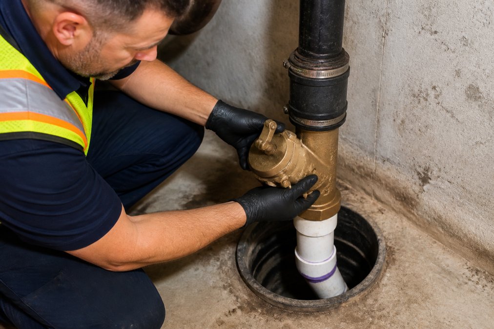 Licensed plumber in safety vest installing a brass backwater valve assembly into a basement sewer cleanout, showing the valve mechanism and threaded connections in proper orientation